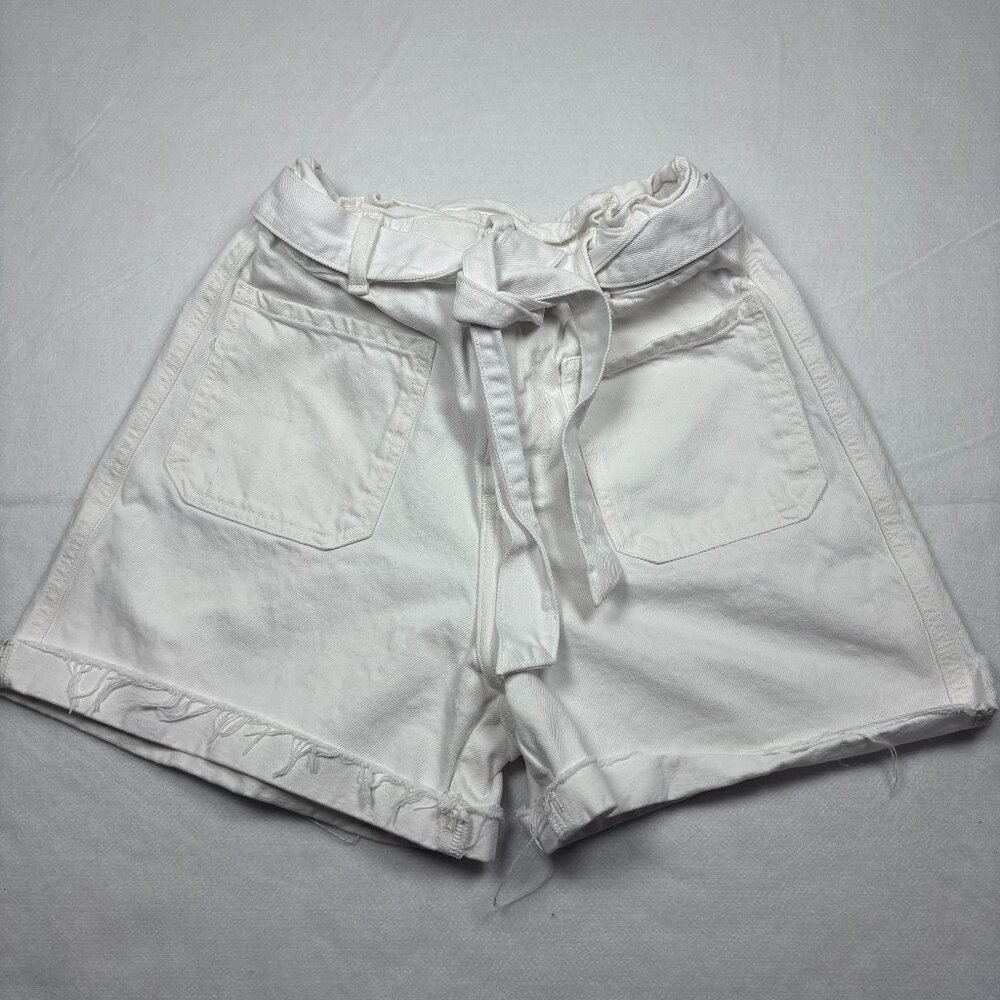Zara Paperbag White Shorts High Rise Rigid with Belt Raw Hem Clean Girl Sz 6